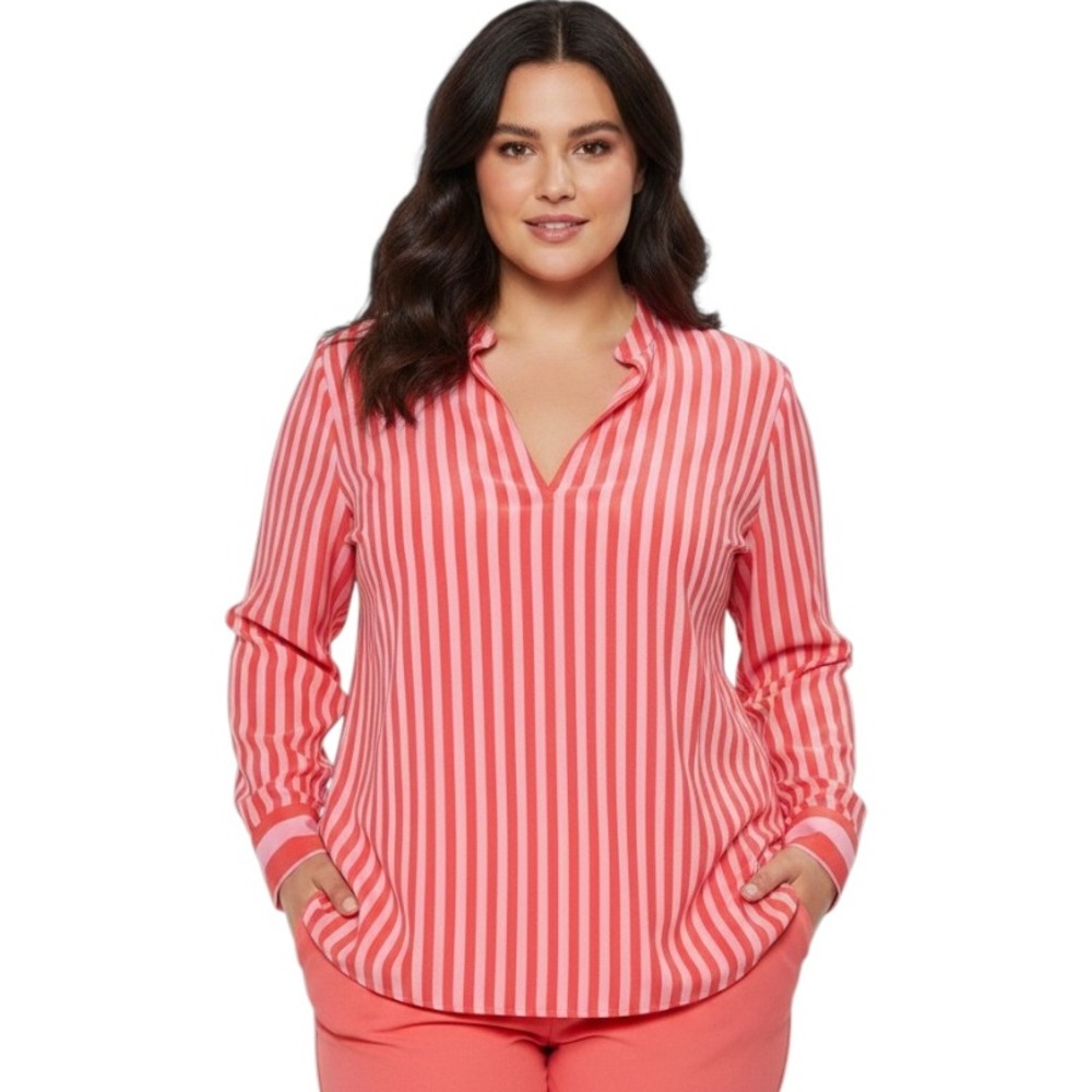 VINCE CAMUTO Crinkle Texture BUTTON-UP TUNIC BLOUSE TOP Pink/Coral Stripe 1X